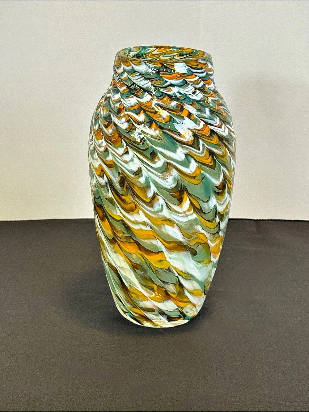 Art Glass Vase Teal Amber White Pulled Feather Swirl 9” Marked New Orleans